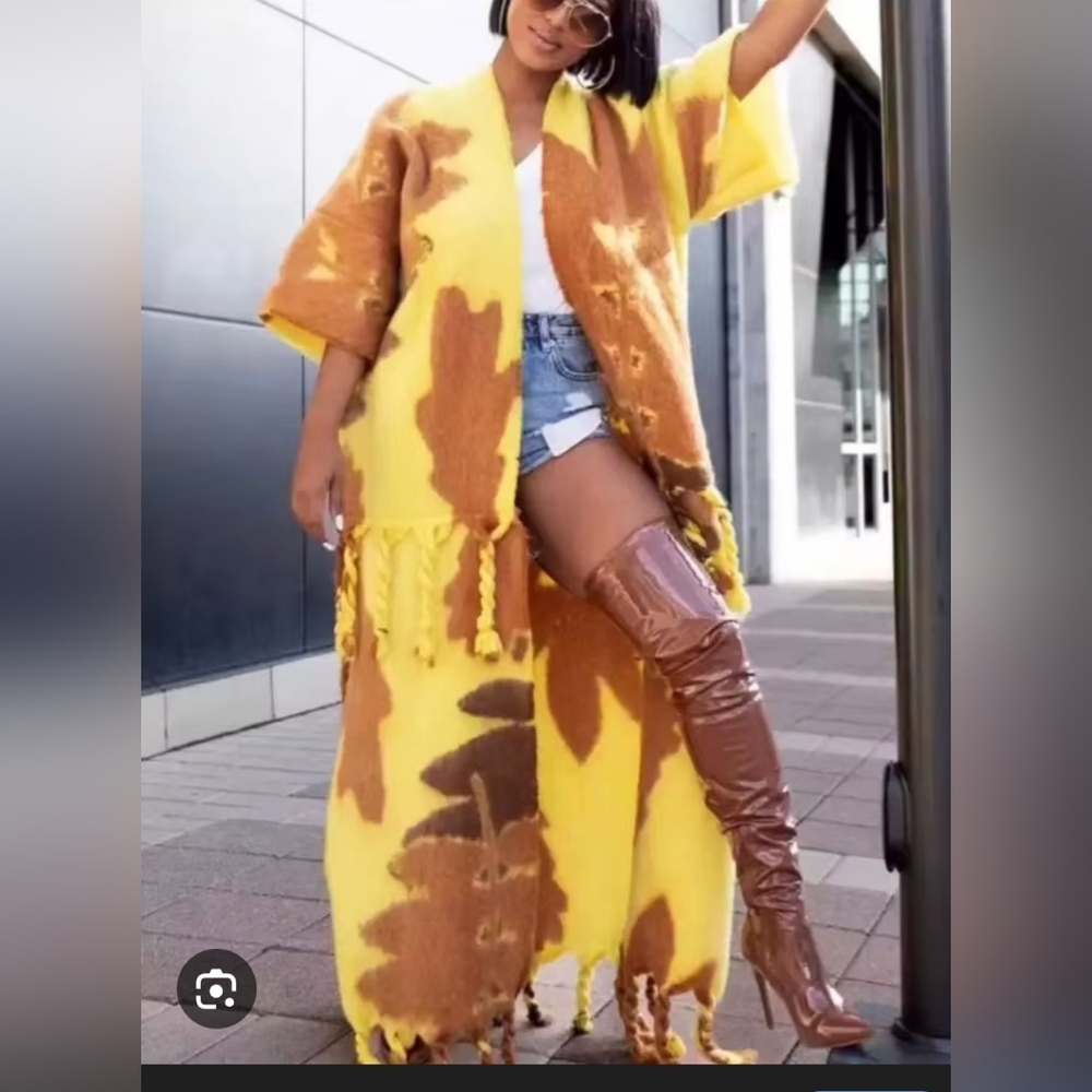 Yellow and Brown Long Cardigan with Tassels